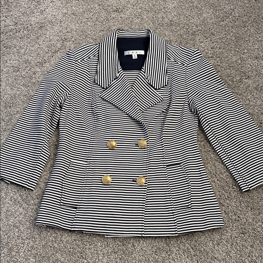 Cabi Navy and WHITE Striped Blazer with Brass button detail, Exc.cond., S